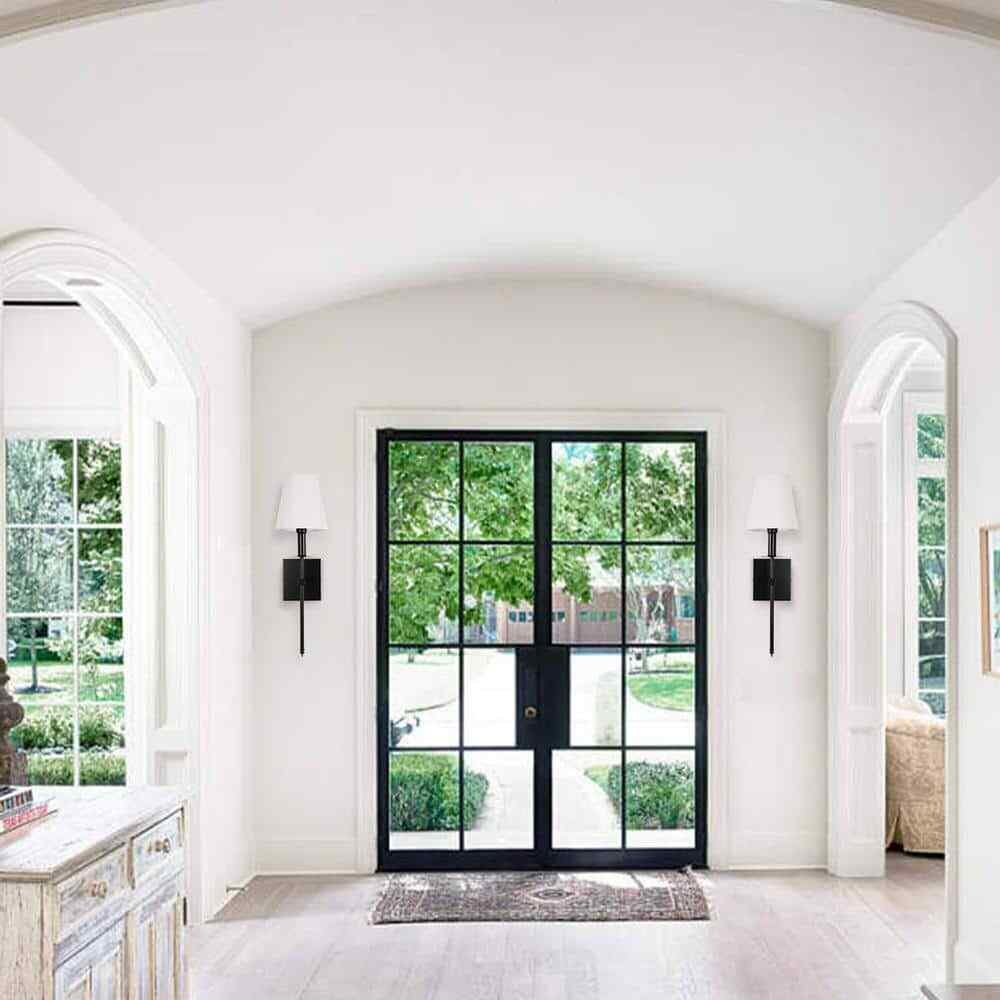 LamQee 1-Light Matte Black Wall Sconce with White Fabric Shade 2-Pack