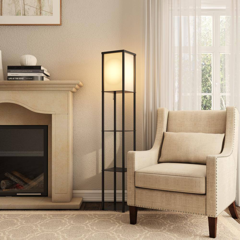 Hampton Bay 62.75 in. Black w. Antique Brass Shelf Floor Lamp AF33904