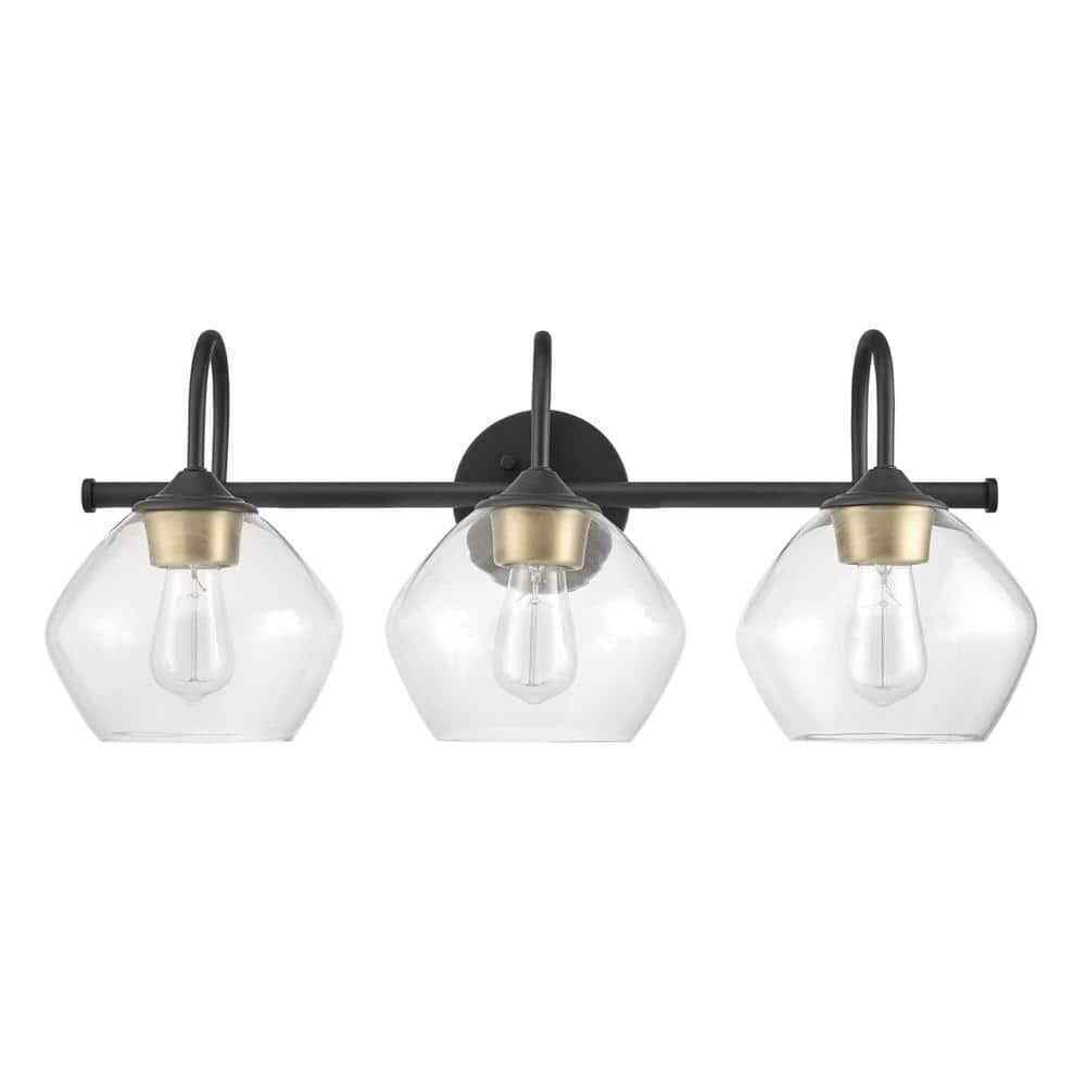 Globe Harrow 26.3 in. 3-Light Dark Bronze Vanity w/Brass Accents and Clear Glass