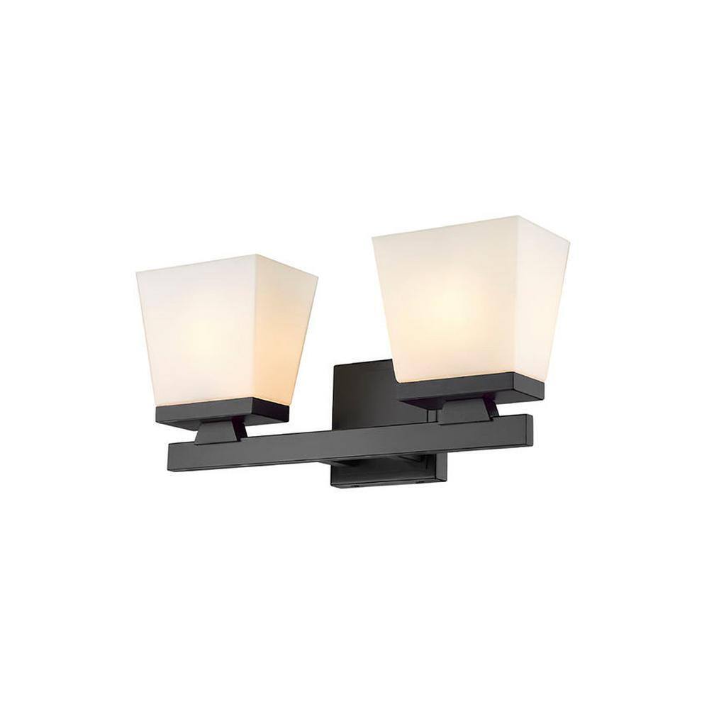 Astor 16 in. 2-Light Matte Black Vanity Light Etched Opal Glass Shades