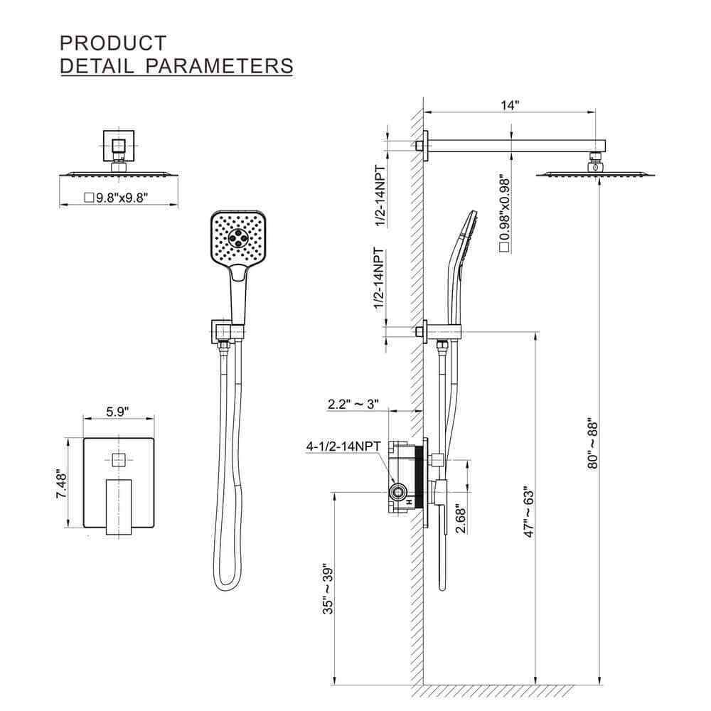 Toject Pardo 3-Spray Patterns with 1.8 GPM 9.8 in. Wall Mount Dual Shower Heads