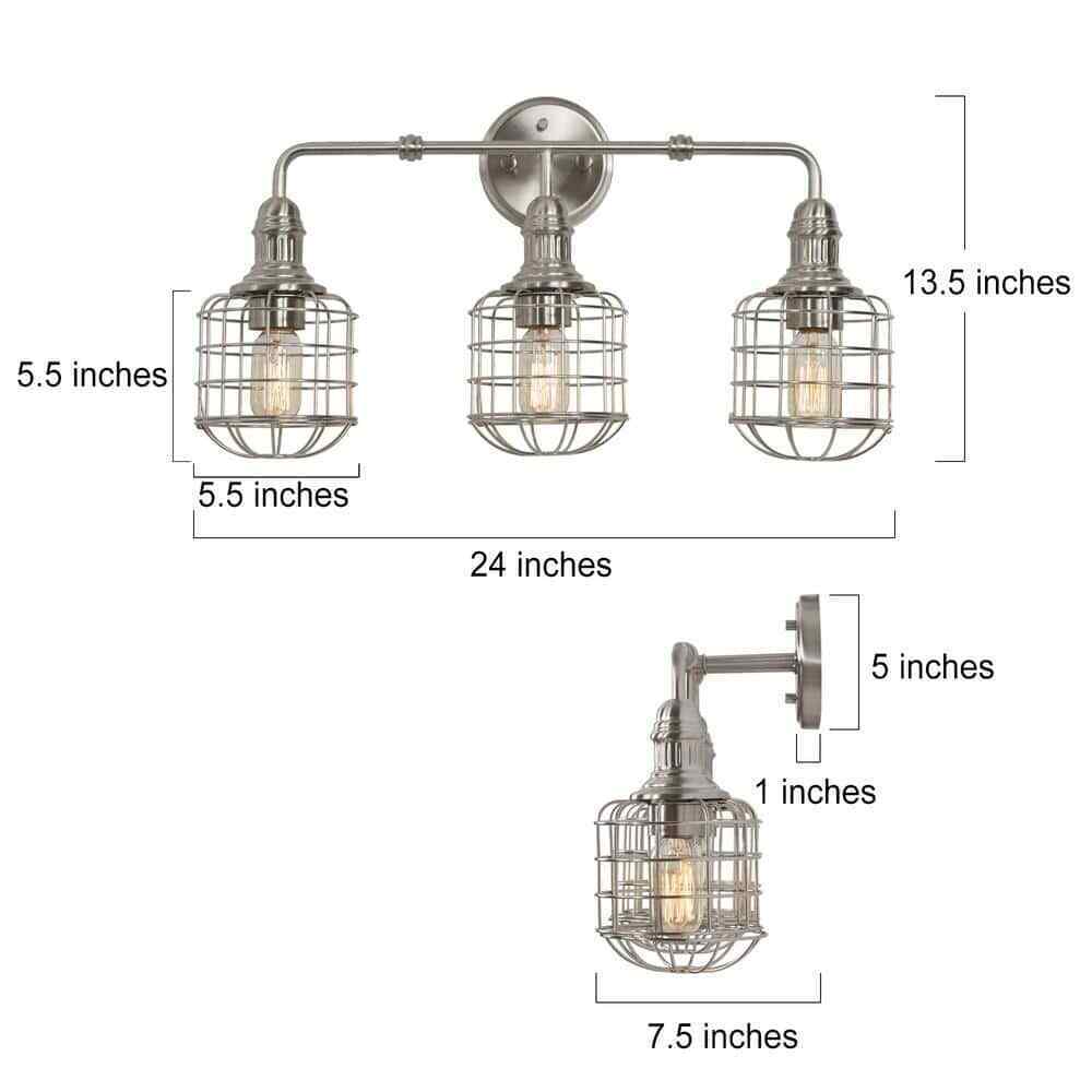 LNC 3-Light Nickel Modern Industrial Cage Silver Linear Wall Sconce Vanity Light