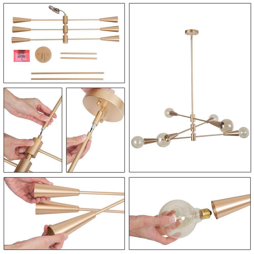 Uolfin Modern Sputnik Dule 6-Light Brass Gold Linear Chandelier