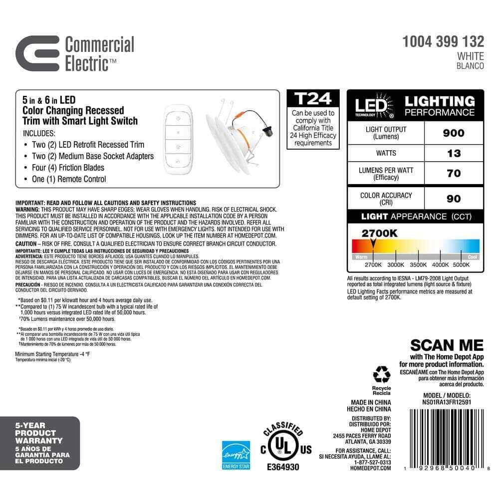Commercial Electric 5 in+6 in. LED Color Changing Recessed Trim Smart Switch 2Pk