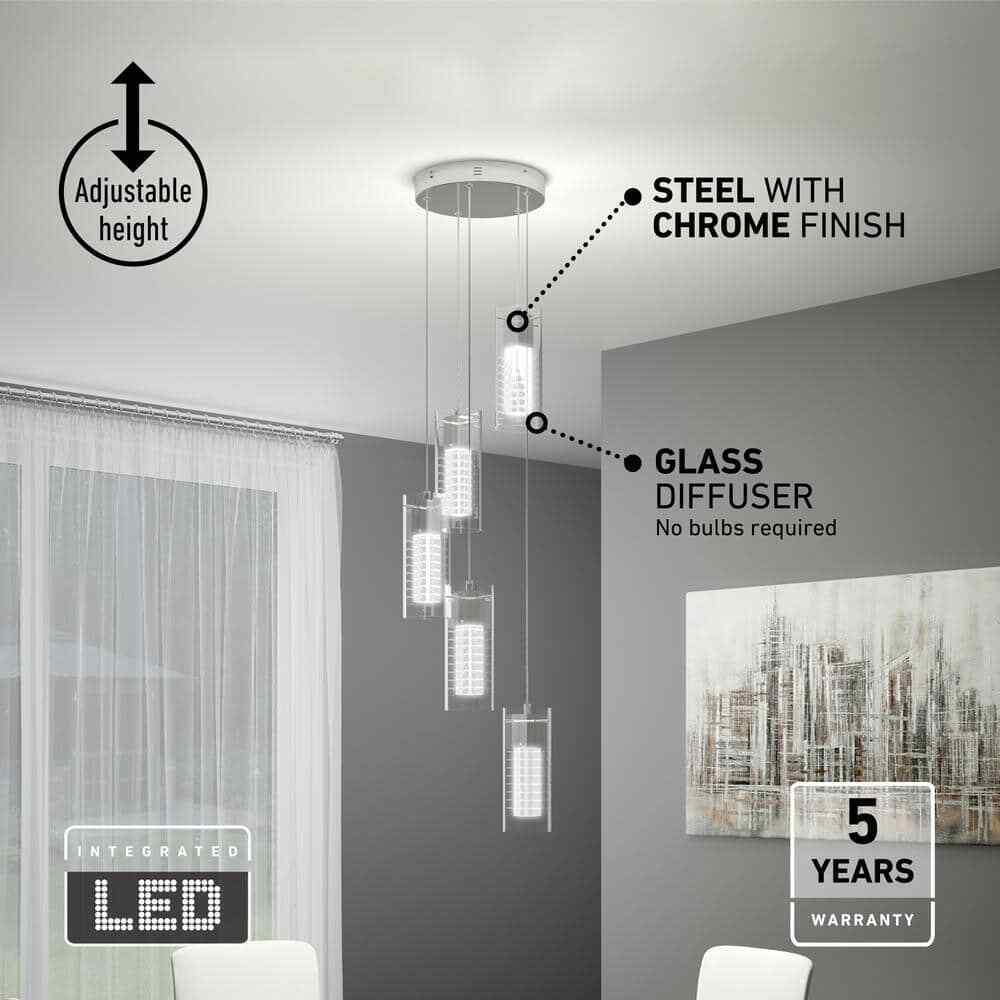 Artika Hologram 5 Light Chrome Modern LED Pendant Light Fixture Kitchen Dining