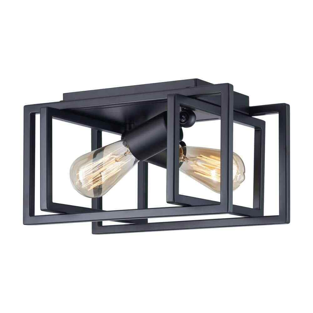 Merra 12 in. 2-Light Matte Black Open Geometric Frame Flush Mount