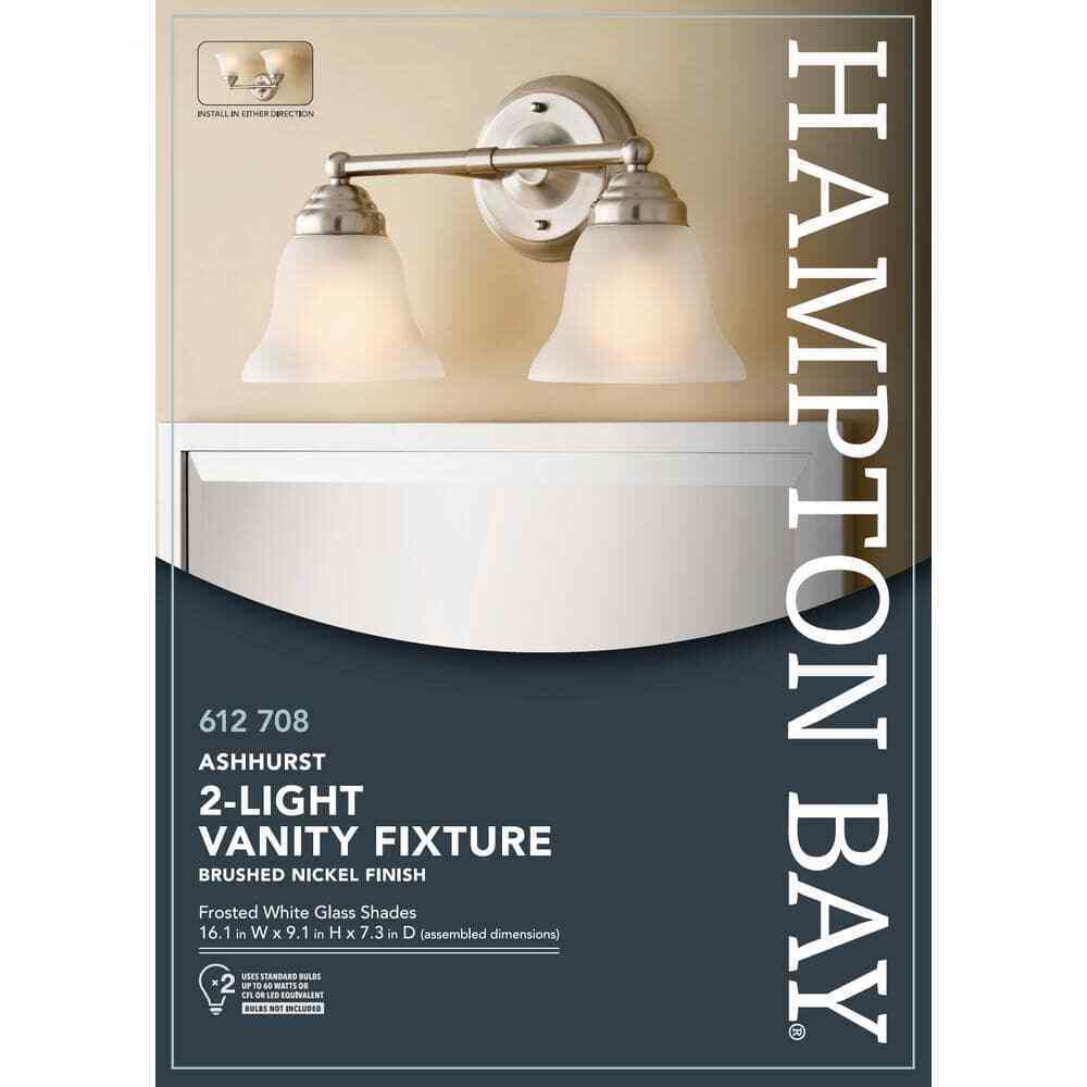 Hampton Bay Ashhurst 2-Light Brushed Nickel Vanity Light w/ Frosted Glass Shades