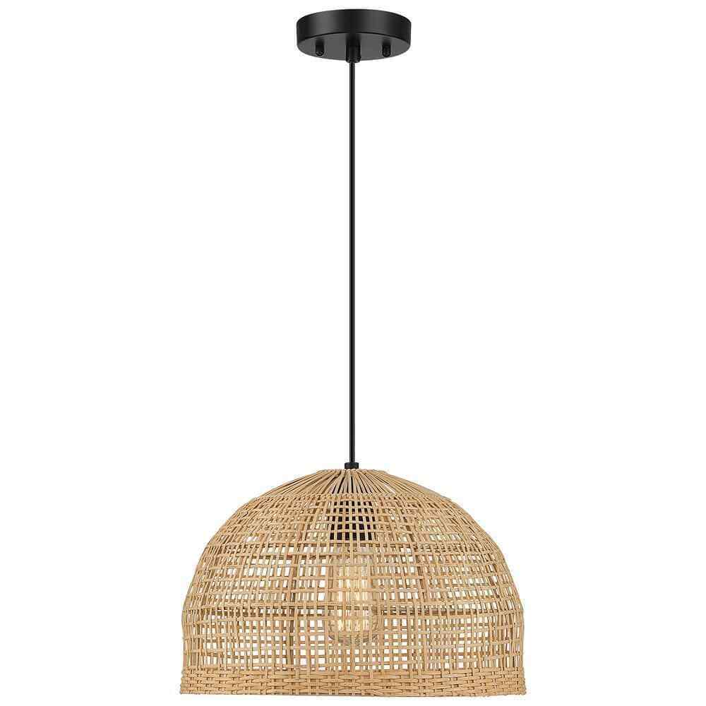 TRUE FINE Bungalo 1-Light Black/Wheat Bohemian Island Pendant w/ Rattan Shade