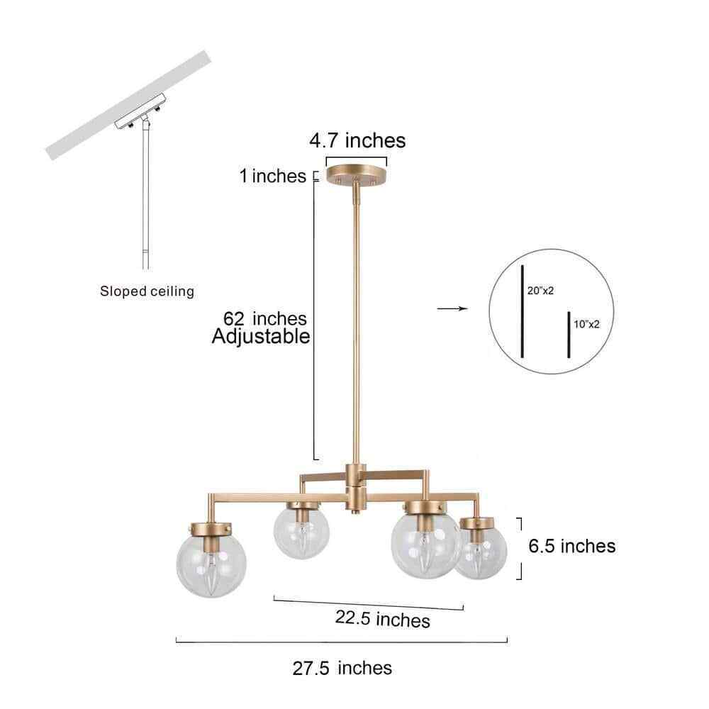 Uolfin Modern Gold Sputnik 4-Light Farmhouse Linear Globe Dining Room Chandelier