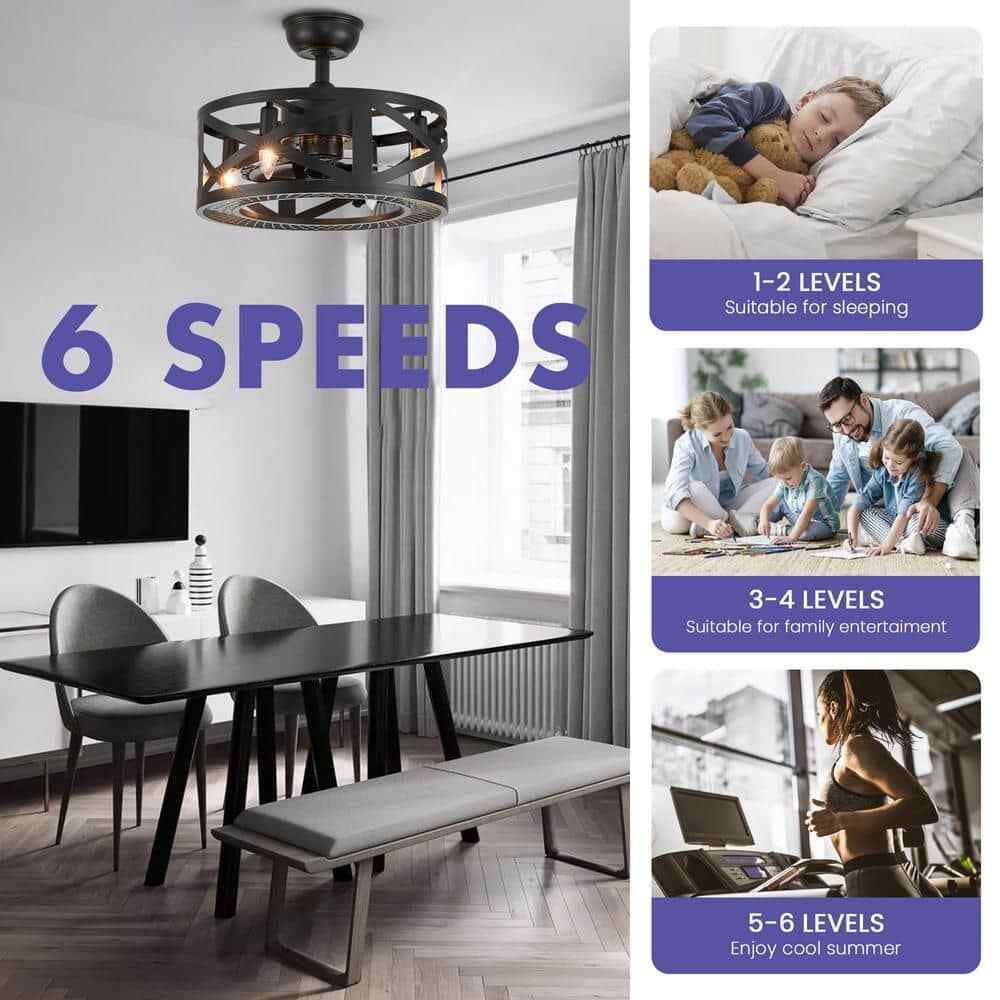 ANTOINE 17 in. Black Ceiling Fan Farmhouse Caged Ceiling Fan w/ Lights + Remote