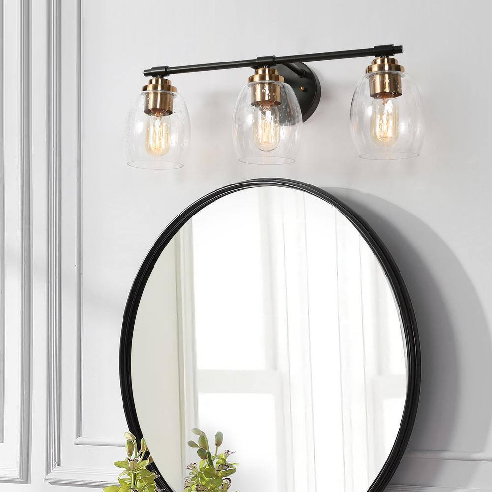 Uolfin Black Vanity Light 24.4 in. 3-Light Brass Gold Bell Vanity w/Seeded Glass