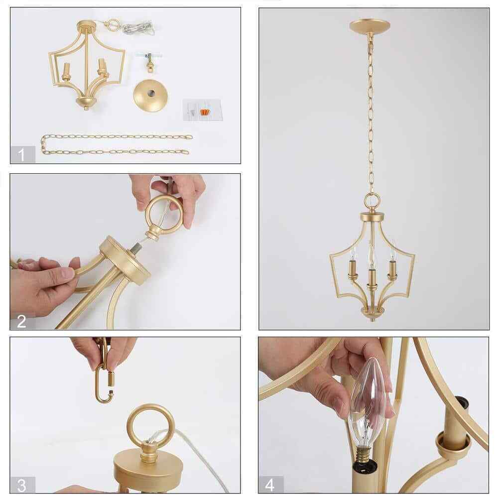 LALUZ Aritik 3-Light Adjustable Gold Geometric Cage Pendant Candle-Style