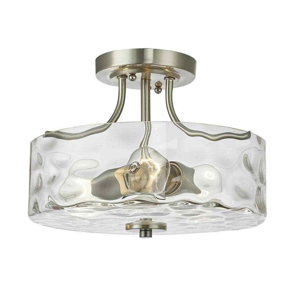 HUOKU Lumin 2-Light Brushed Nickel Semi-Flush Mount w/ Water Glass Shade