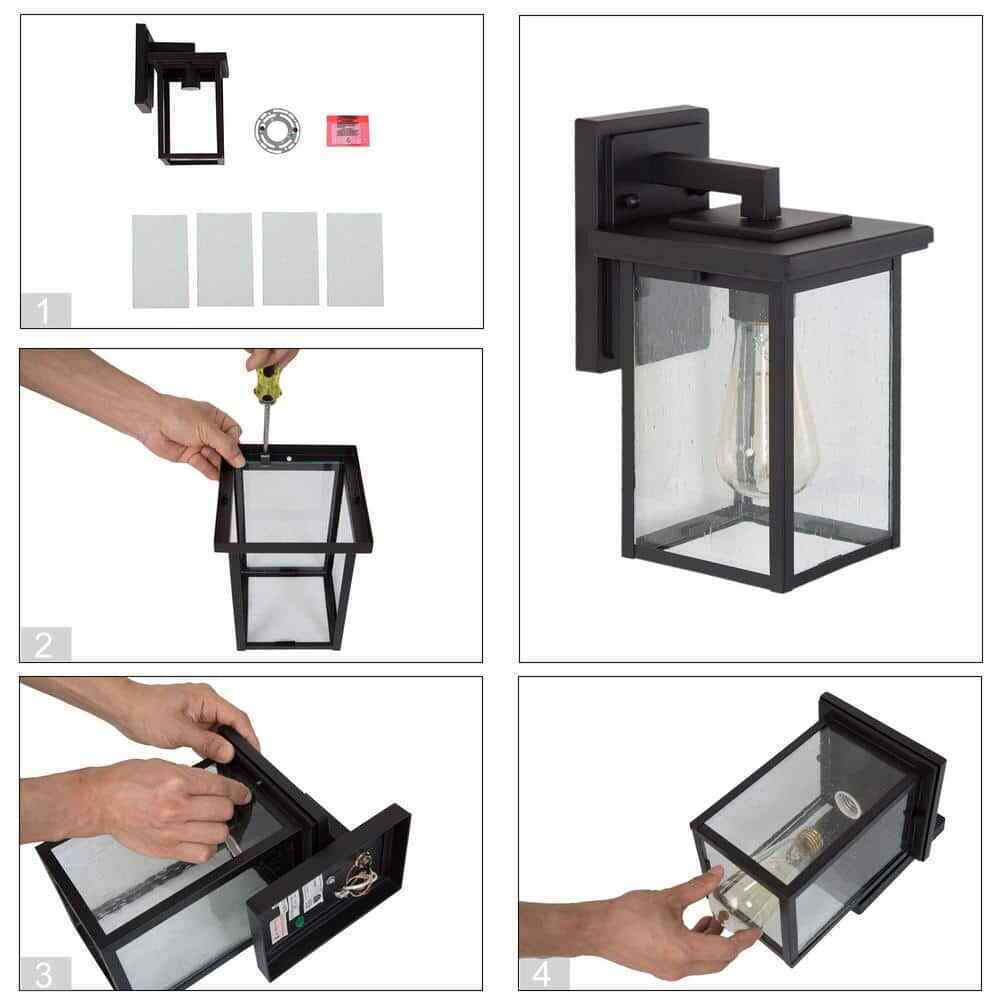 LNC Matte Black Modern Outdoor Wall Lantern Sconce with Clear Seeded Glass Shade