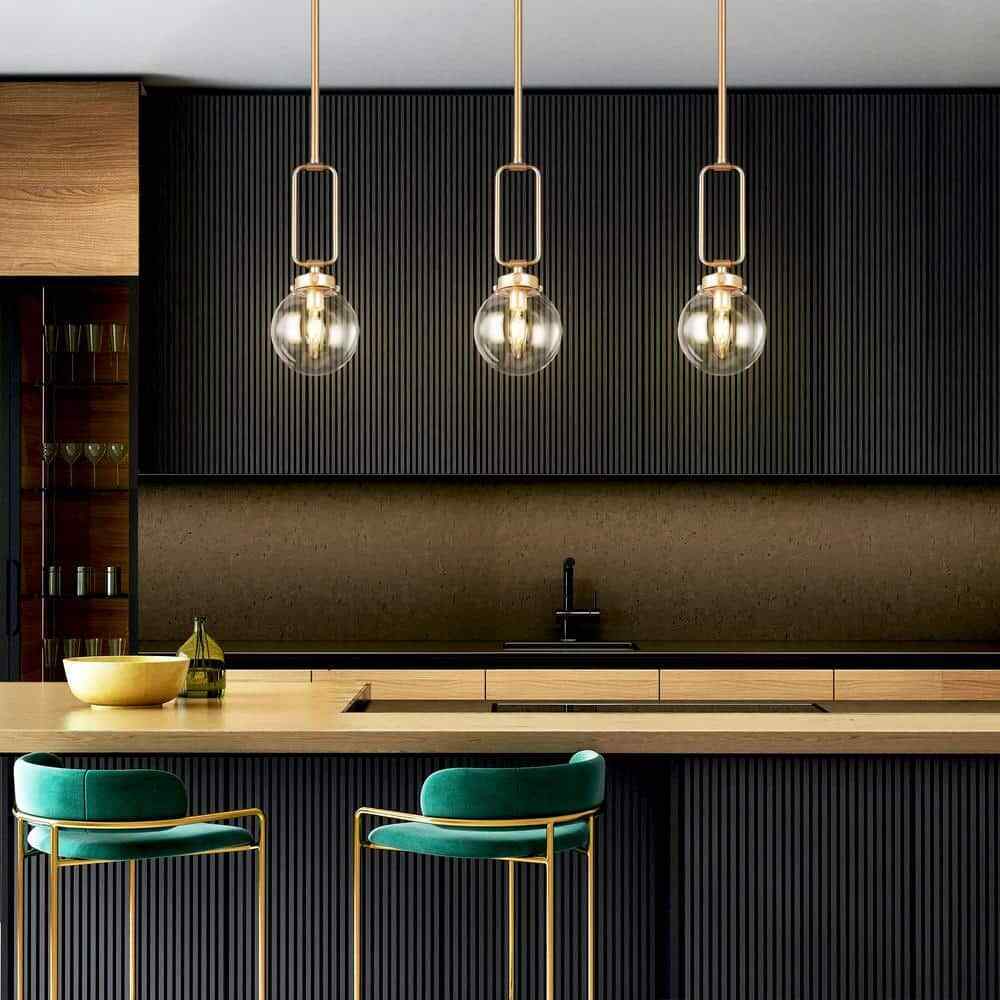 Uolfin Modern Globe Pendant Light Brass Gold Round Chandelier Clear Glass Shade