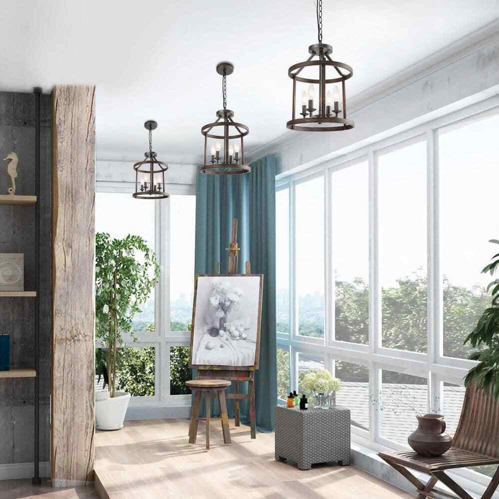 LNC Cordelia 4-Light Dark Wood Grain Candlestick Chandelier w/ Cage Shade