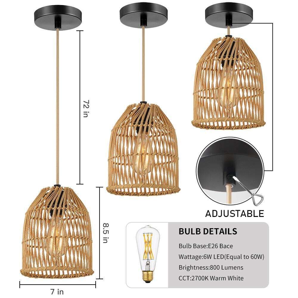 Cinkeda 1-Light Brown Bowl Pendant Light with Natural Rattan Shape DD-79