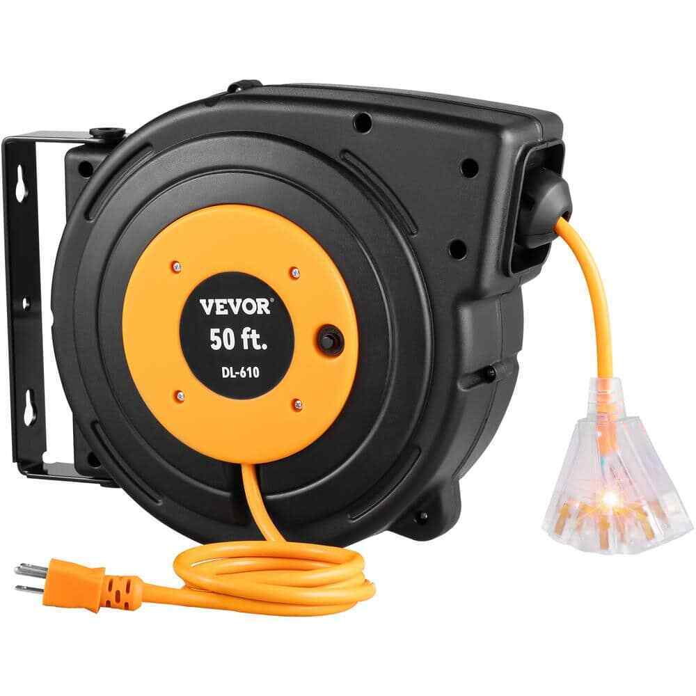 VEVOR 50 ft. 13 Amp Extension Cord Reel w/ Lighted Triple Outlet Circuit Breaker
