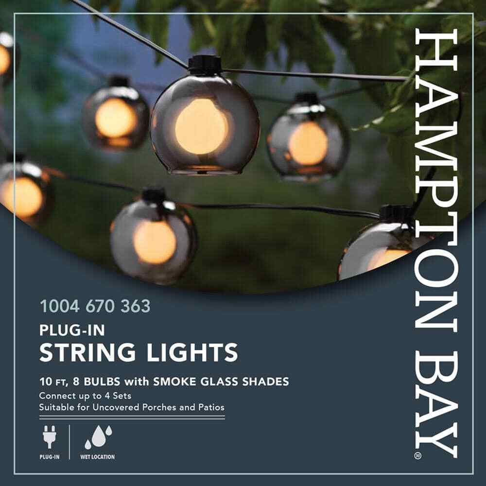 Hampton Bay 8-Light 10 ft. BlackPlug-In String Light w/ Smoky Glass Shades