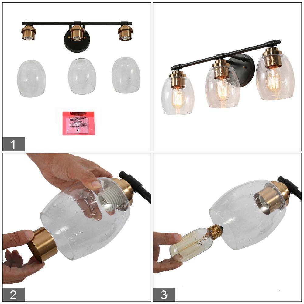 Uolfin Black Vanity Light 24.4 in. 3-Light Brass Gold Bell Vanity w/Seeded Glass