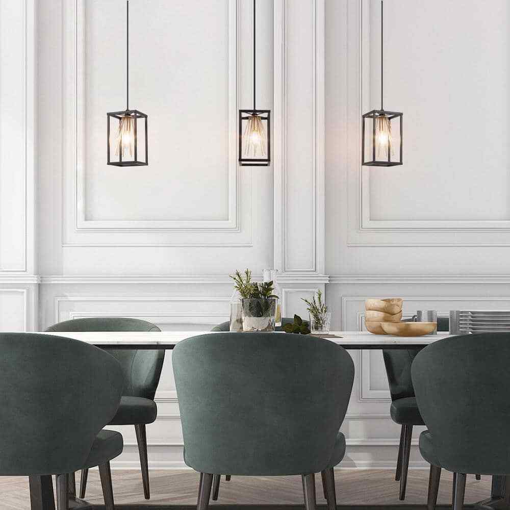 Uolfin Modern Cage Dining Room Pendant Light 1-Light Black and Brass Lantern