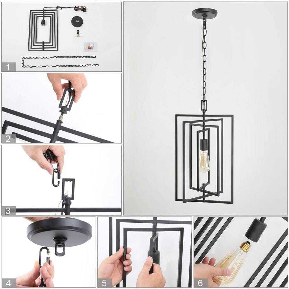 Uolfin 1-Light Black Geometric Light Fixture for Kitchen Island with Swing Frame