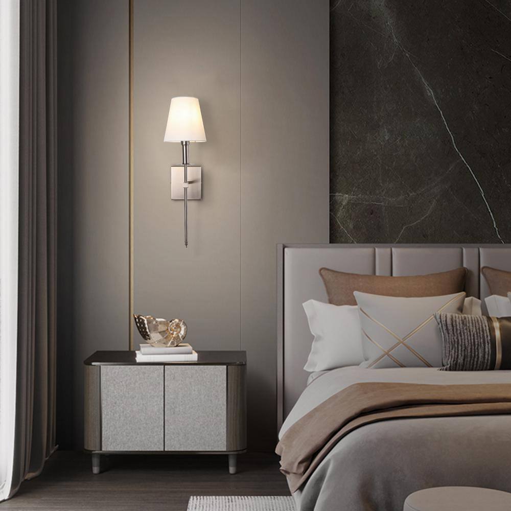 LamQee 1-Light Satin Nickel Wall Sconce with White Fabric Shade