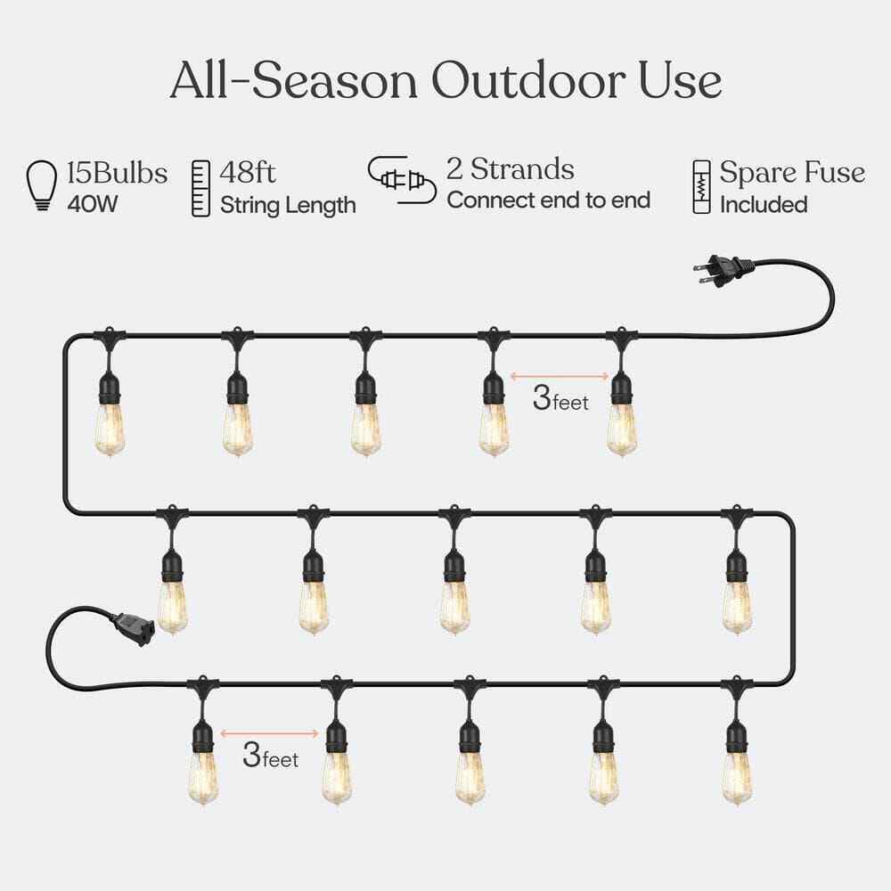 Brightech Ambience Pro 15-Light 48 ft. Outdoor Plug-in Incandescent String-Light