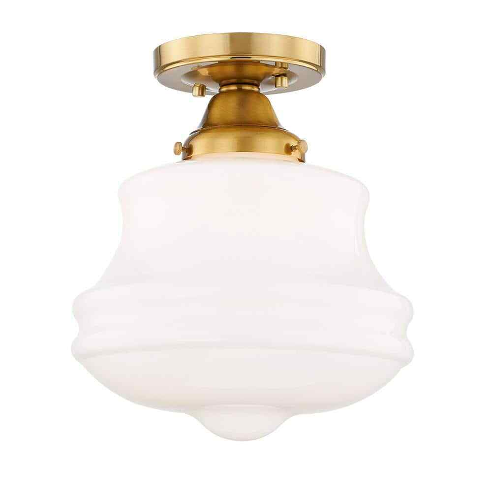 Home Decorators Schoolhouse 10 in. Aged Brass Semi Flush Mount Light Opal Glass
