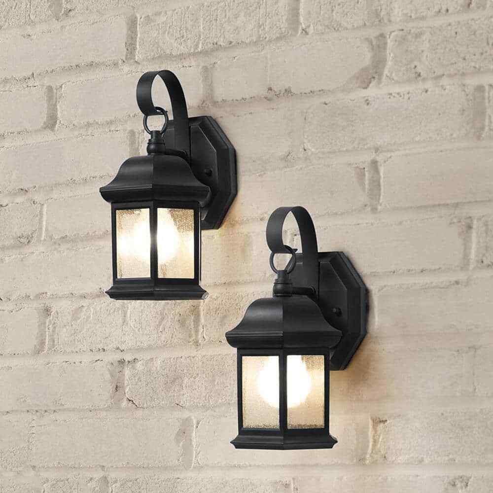 Hampton Bay 1-Light Black Outdoor Wall Light Fixture with Seeded Glass 2-Pack