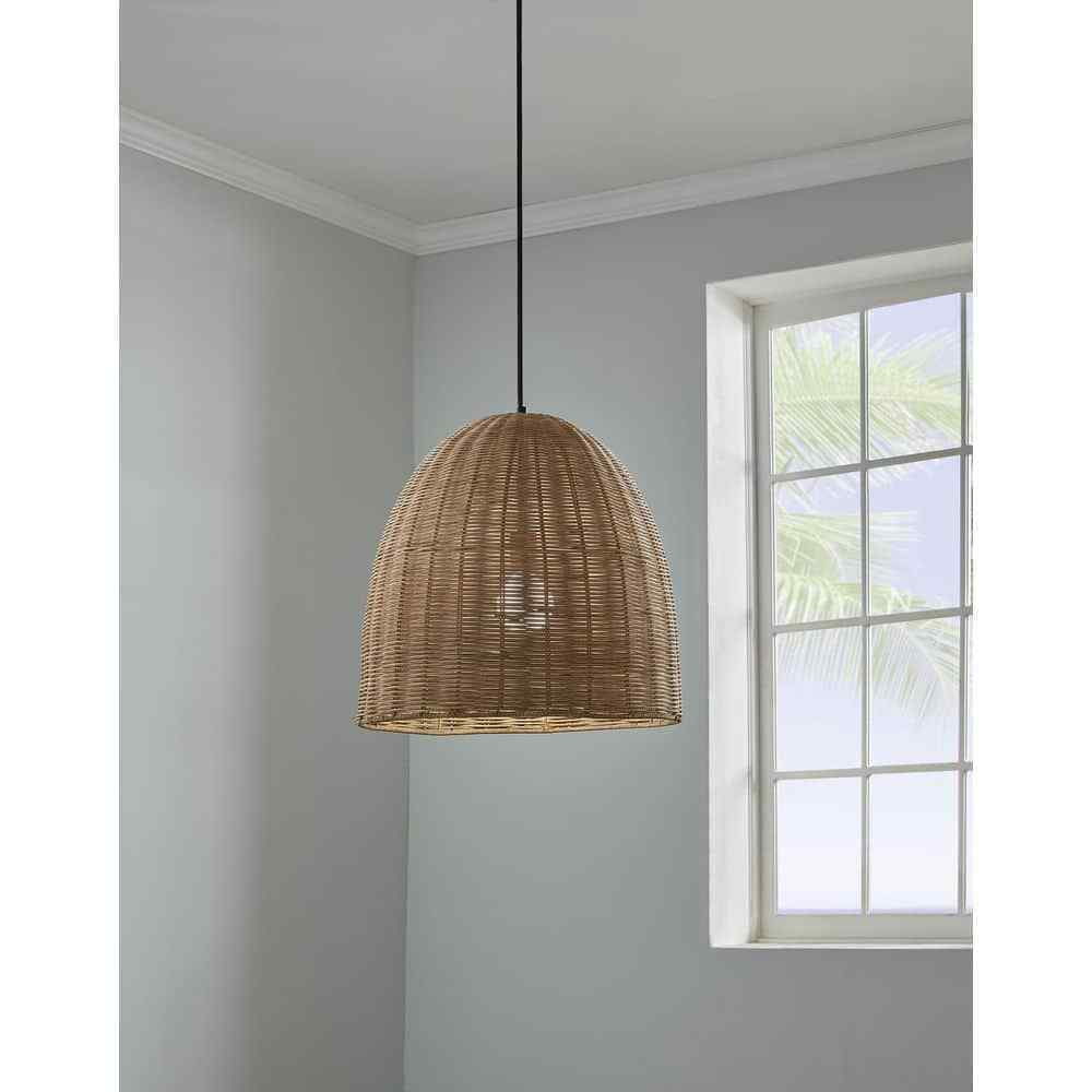 Hampton Bay Highler 1-Light Matte Black Island Pendant with Natural Rattan Shade