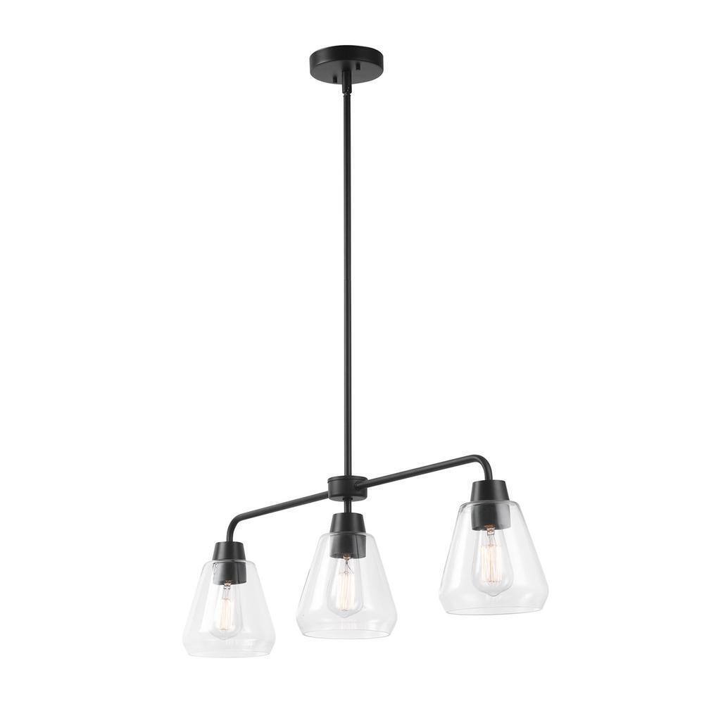 Hampton Bay Granby 3-Light Matte Black Linear Chandelier with Glass Shades