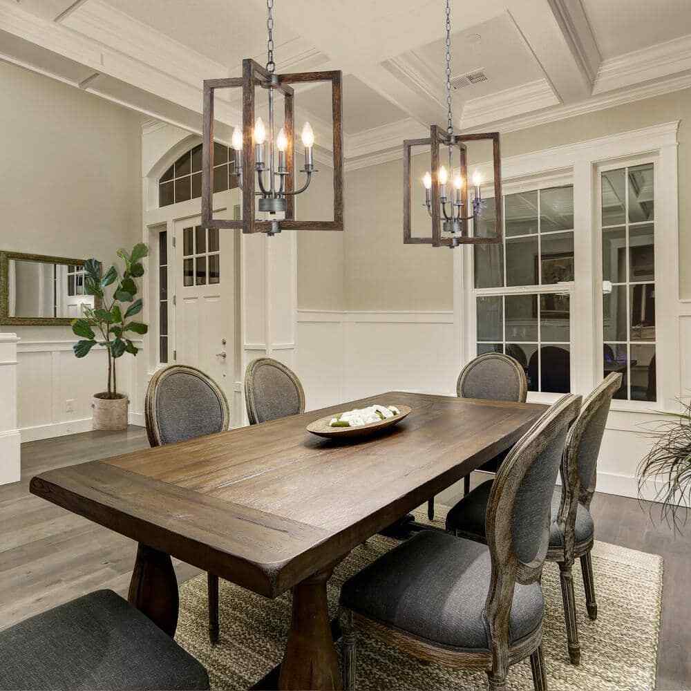 LNC Brown Caged Chandelier Faux Wood 4-Light Brushed Silver