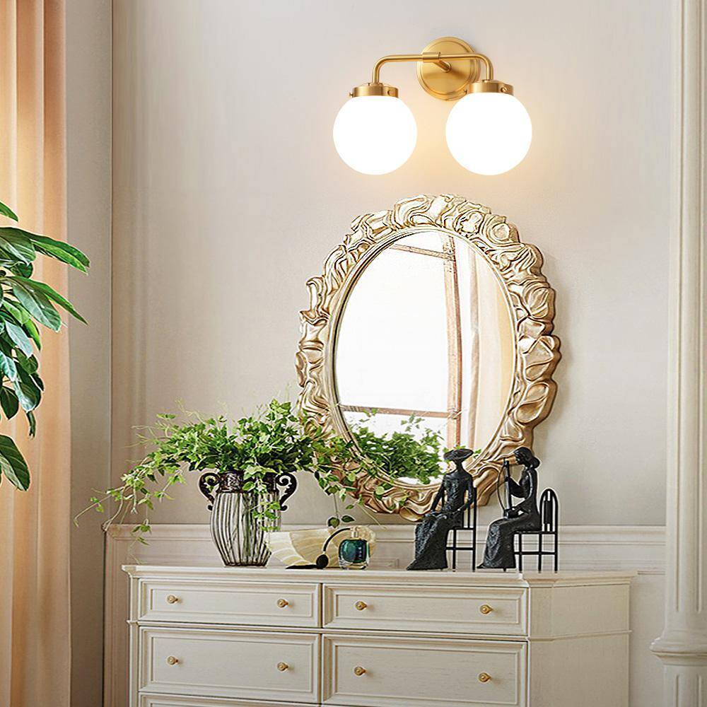 Deyidn 2-Light Gold Bathroom Bathroom Vanity Light w/ Opal Glass Shades