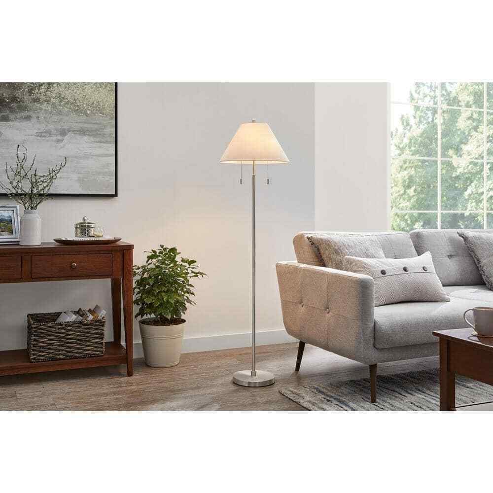 Hampton Bay Stanyan 58 in. Brushed Nickel Standard Floor Lamp Fabric White Shade