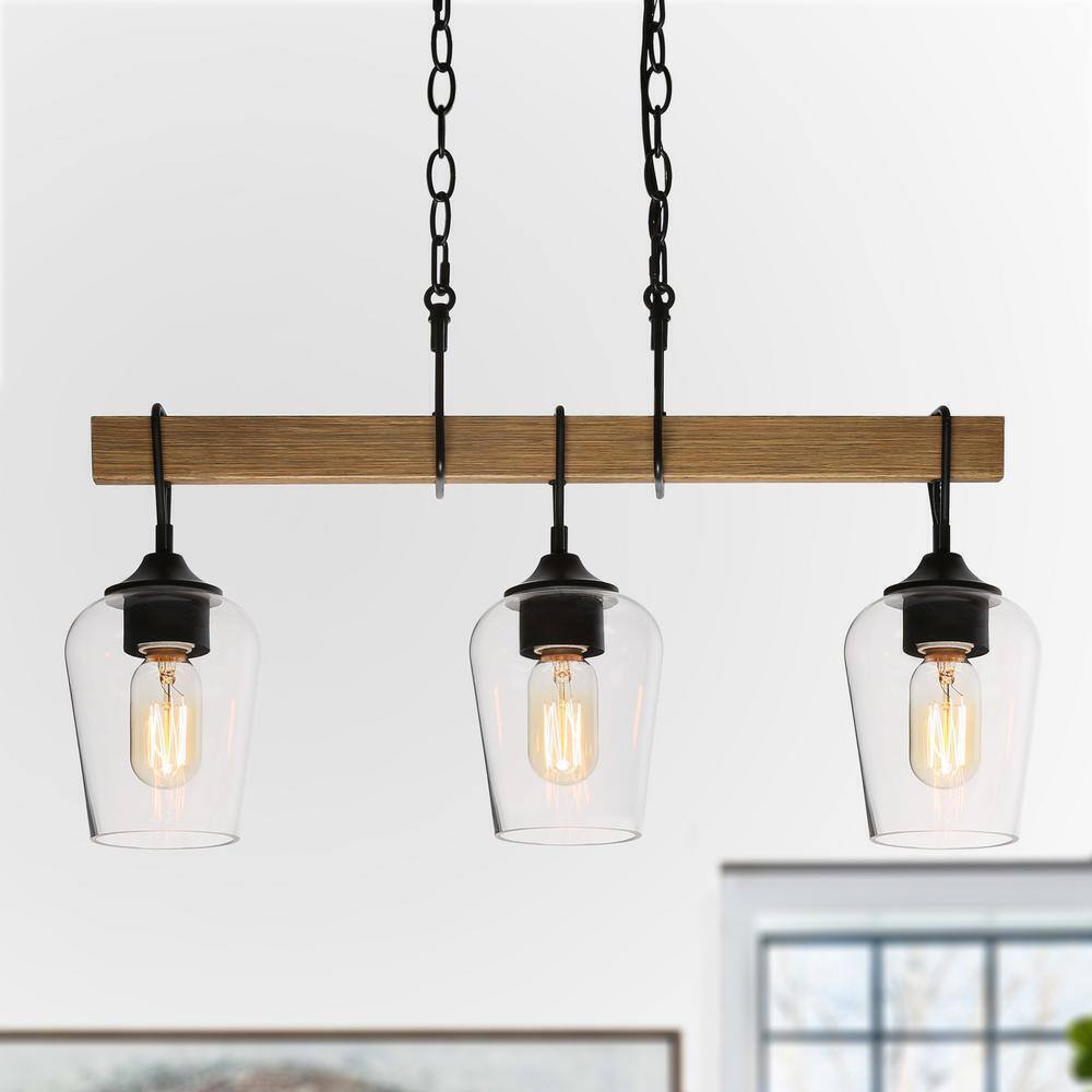 Uolfin Modern Black 25 in. 3-Light Chandelier w/ Painted Wood Accents