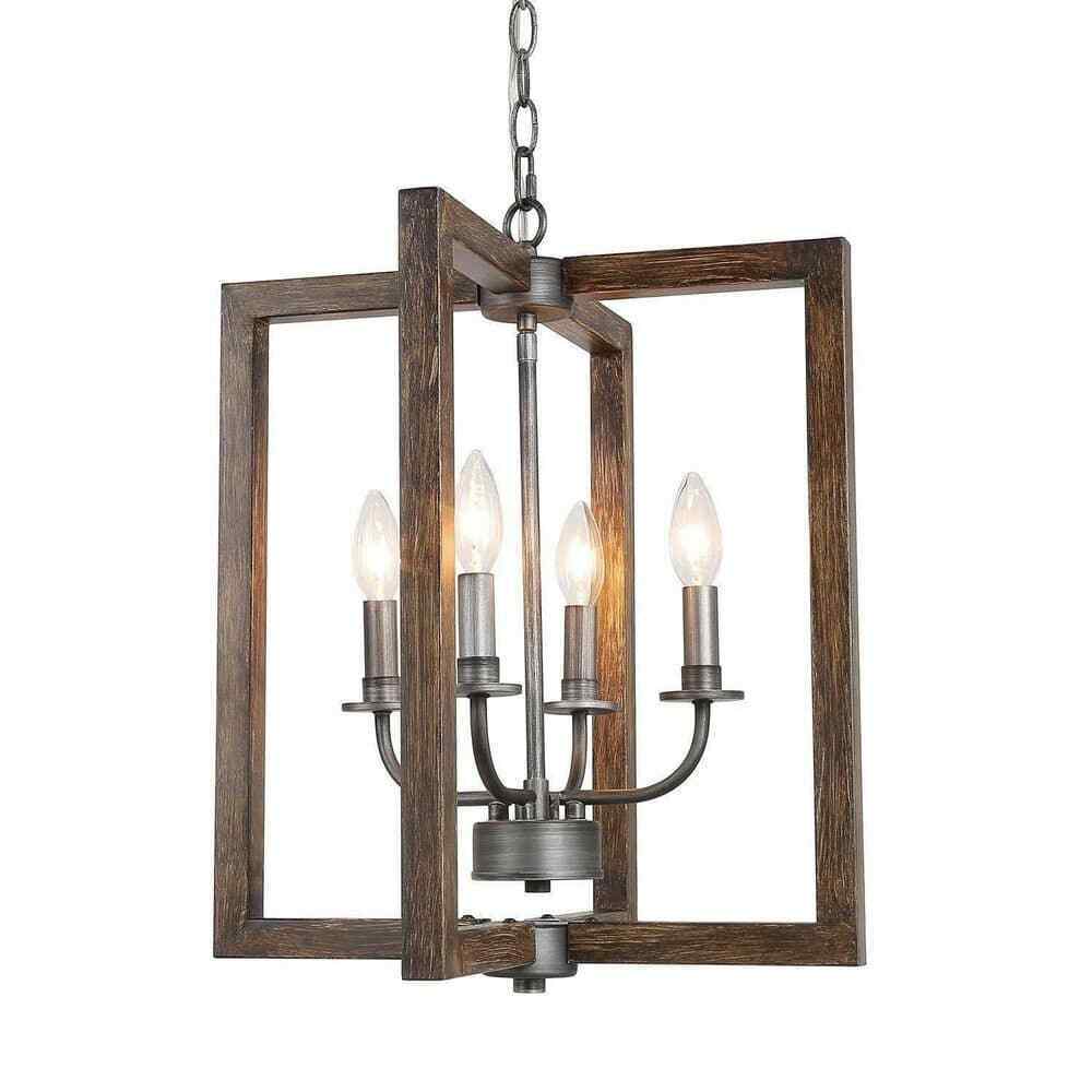 LNC Brown Caged Chandelier Faux Wood 4-Light Brushed Silver