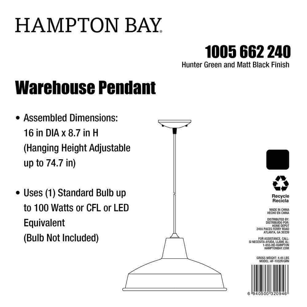 Hampton Bay 1-Light Hunter Green Warehouse Pendant with Metal Shade AF-1032R/GRN