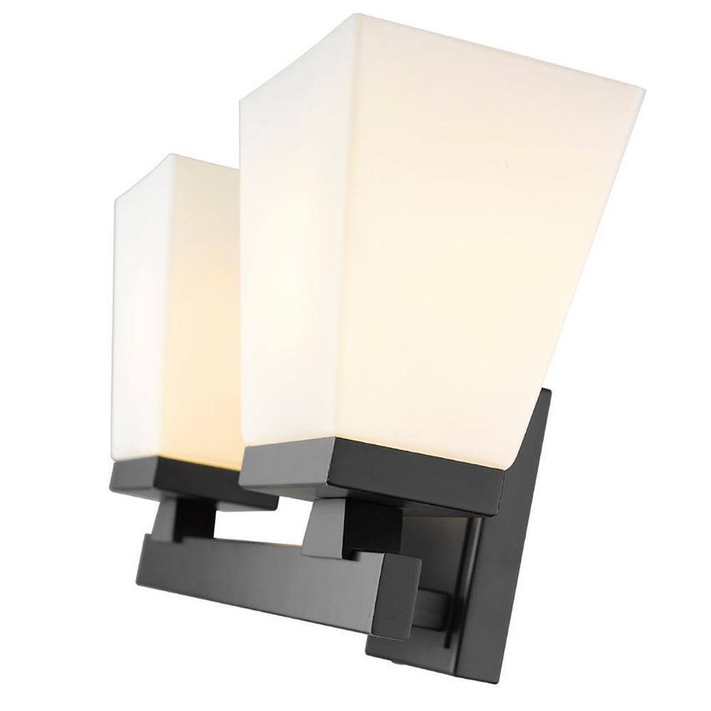 Astor 16 in. 2-Light Matte Black Vanity Light Etched Opal Glass Shades
