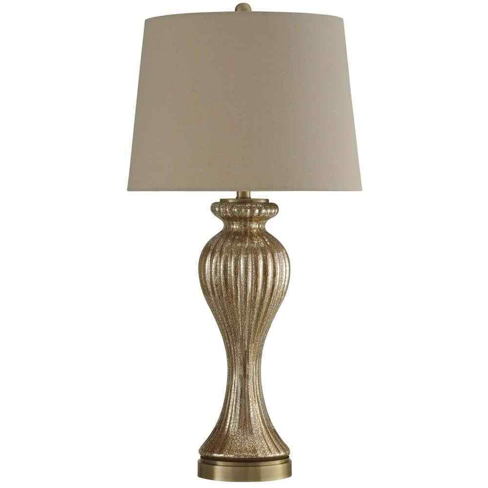 StyleCraft 32 in. Glimmer Bronze Table Lamp with Beige Hardback Fabric Shade