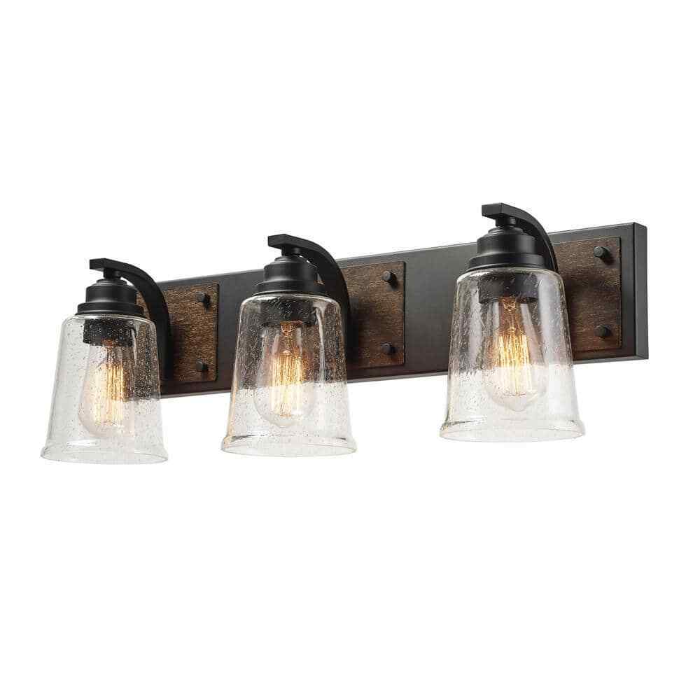 Globe Electric Warsaw 24 in. 3-Light Matte Black Vanity Light w/Faux Wood Accent