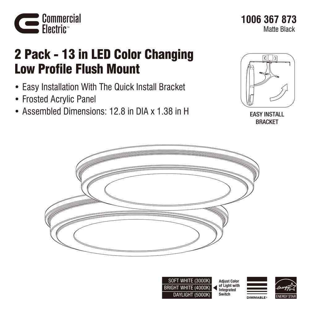 13 in. Matte Black 3-CCT LED Flush Mount Low Profile Ceiling Light 2-Pack