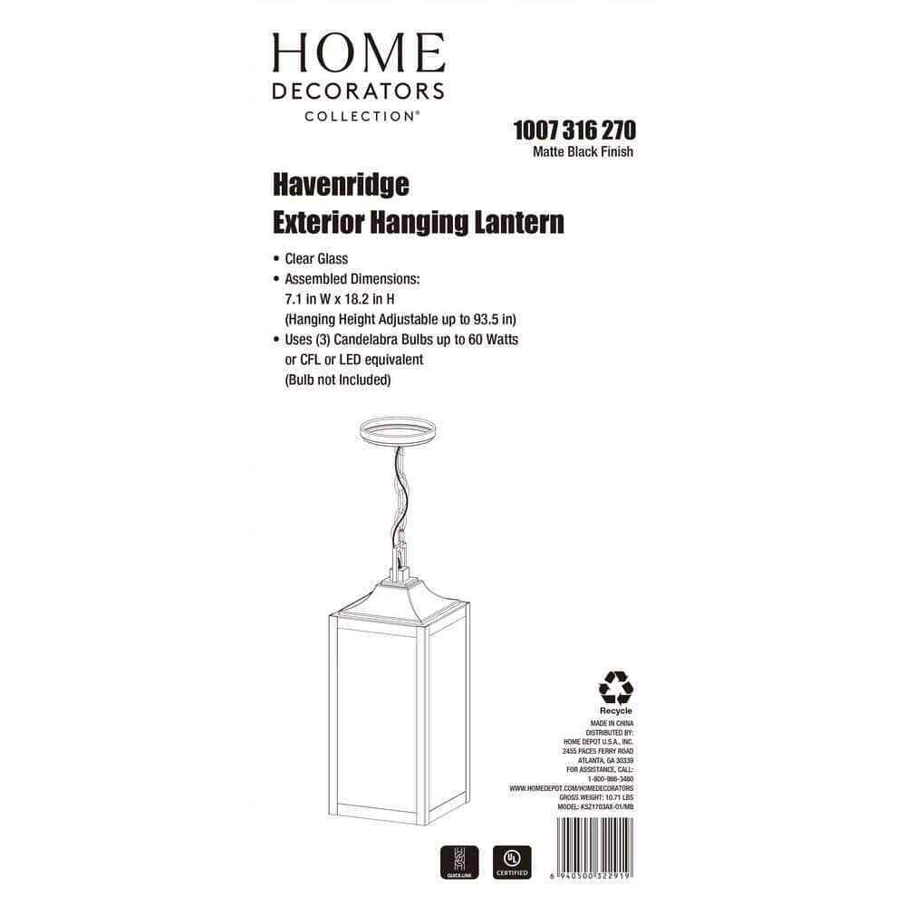 Home Decorators Havenridge 3-Light Matte Black Outdoor Hanging Pendant Light