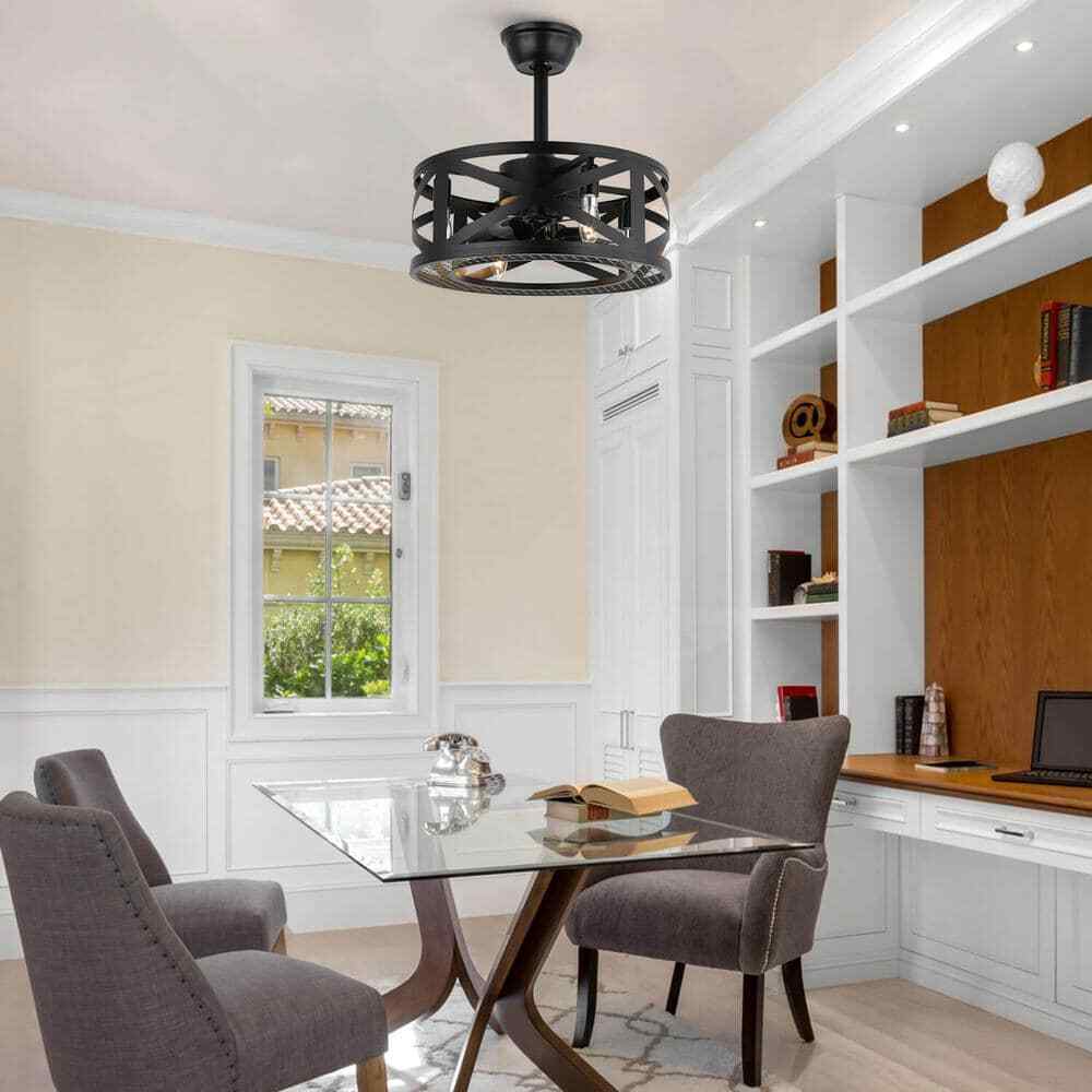 ANTOINE 17 in. Black Ceiling Fan Farmhouse Caged Ceiling Fan w/ Lights + Remote