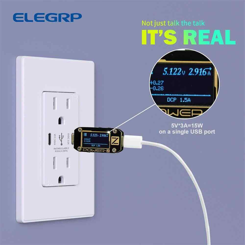 ELEGRP 15 Amp 30-Watt Dual Type C USB Wall Charger w/ Duplex Outlet