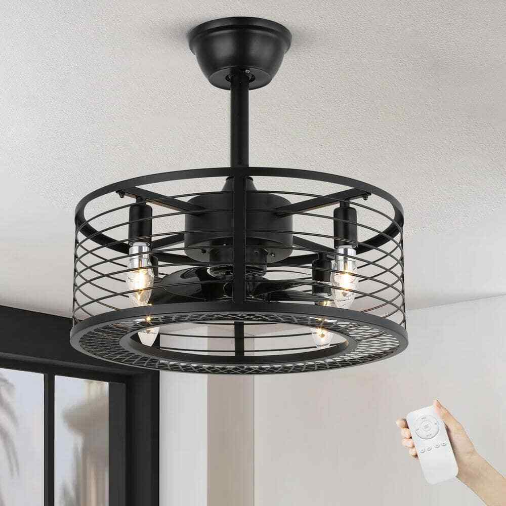 ANTOINE 17 in. Indoor Black Ceiling Fan Caged Ceiling Fan w/ Lights and Remote