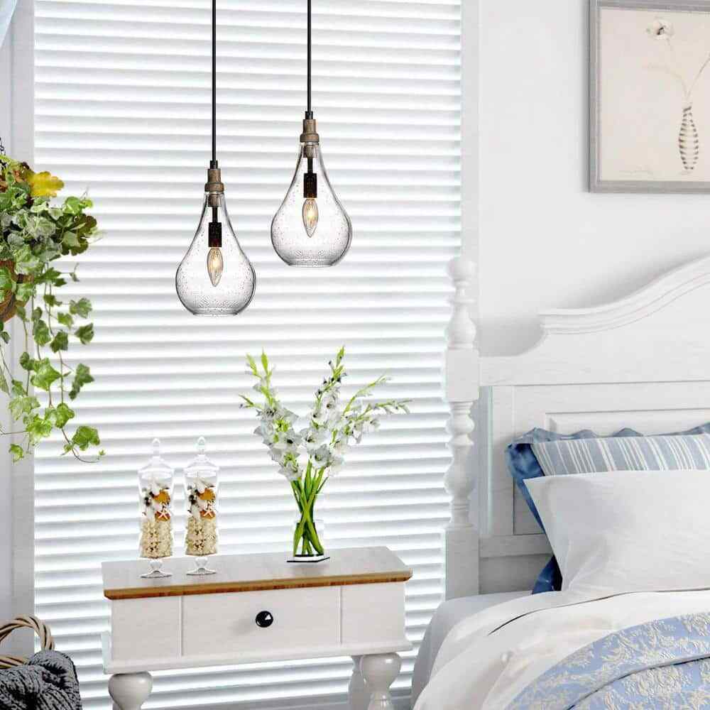 Uolfin Maya 1-Light Black Pendant Hanging Light with Seeded Teardrop Glass Shade
