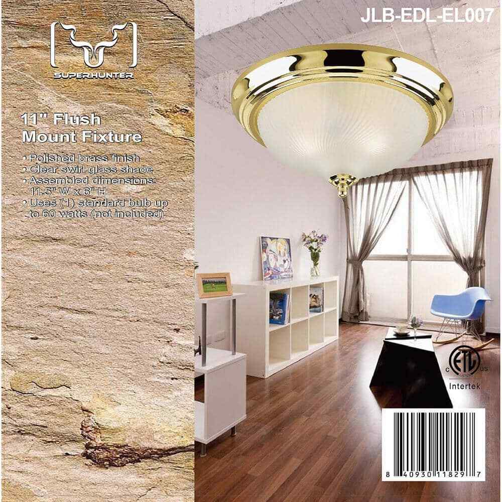 SUPERHUNTER 11.5" Polished Brass Flush Mount Fixture w/ Clear Swirl Glass Shade