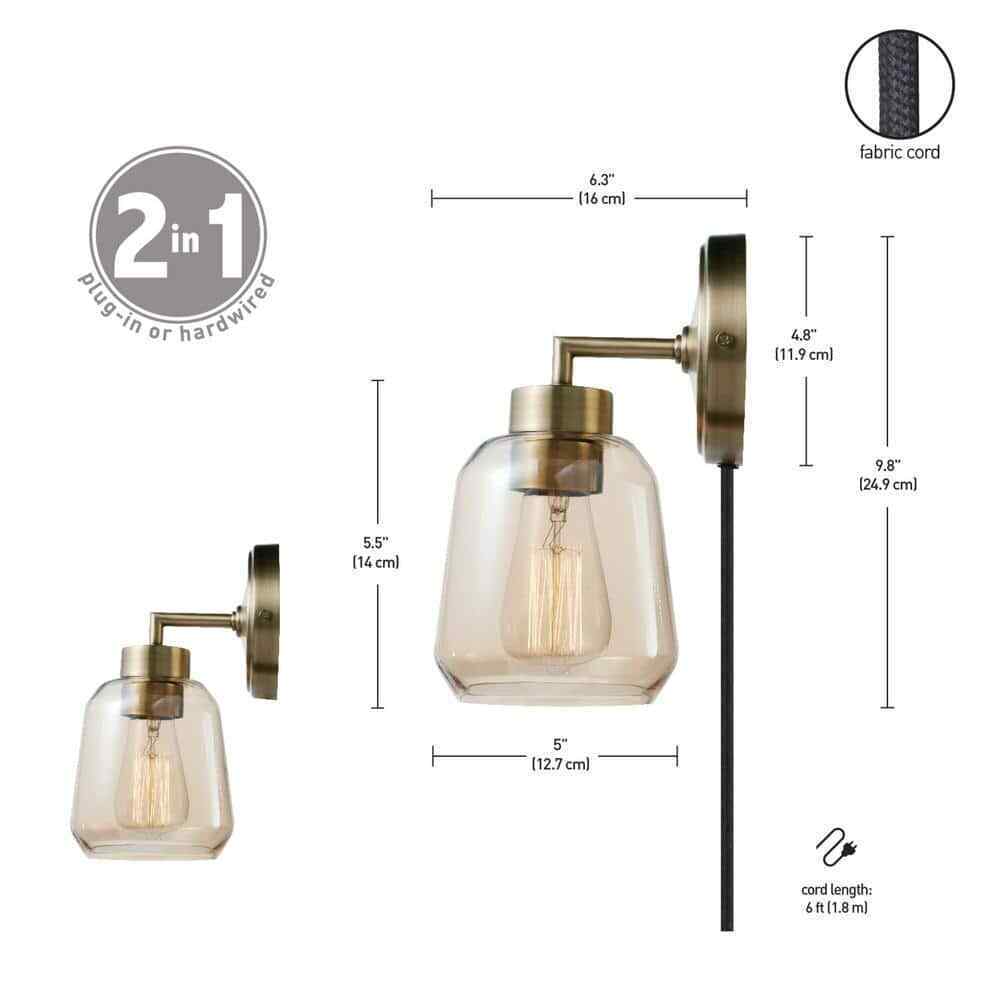 Globe Electric Salma 1-Light Matte Brass Wall Sconce w/ Smoked Amber Glass Shade