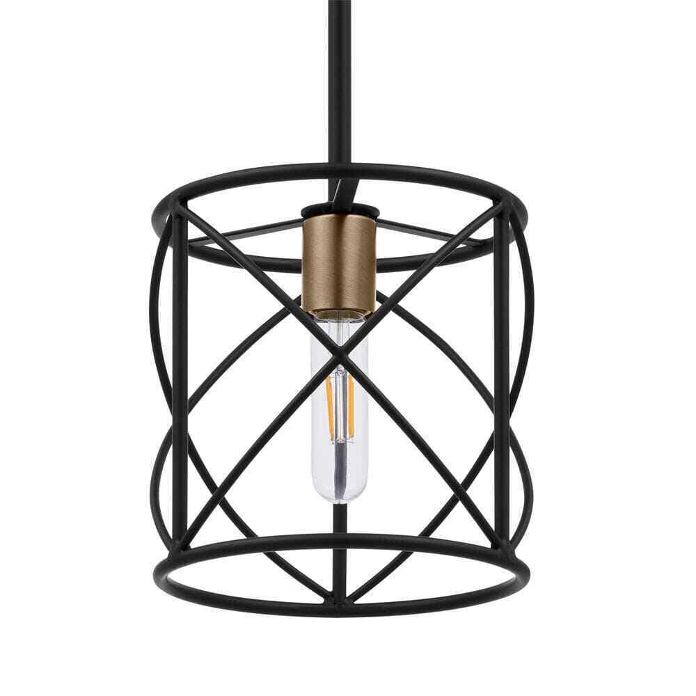 Hampton Bay Hastings Light Matte Black and Old Satin Brass Pendant w/ Cage Shade